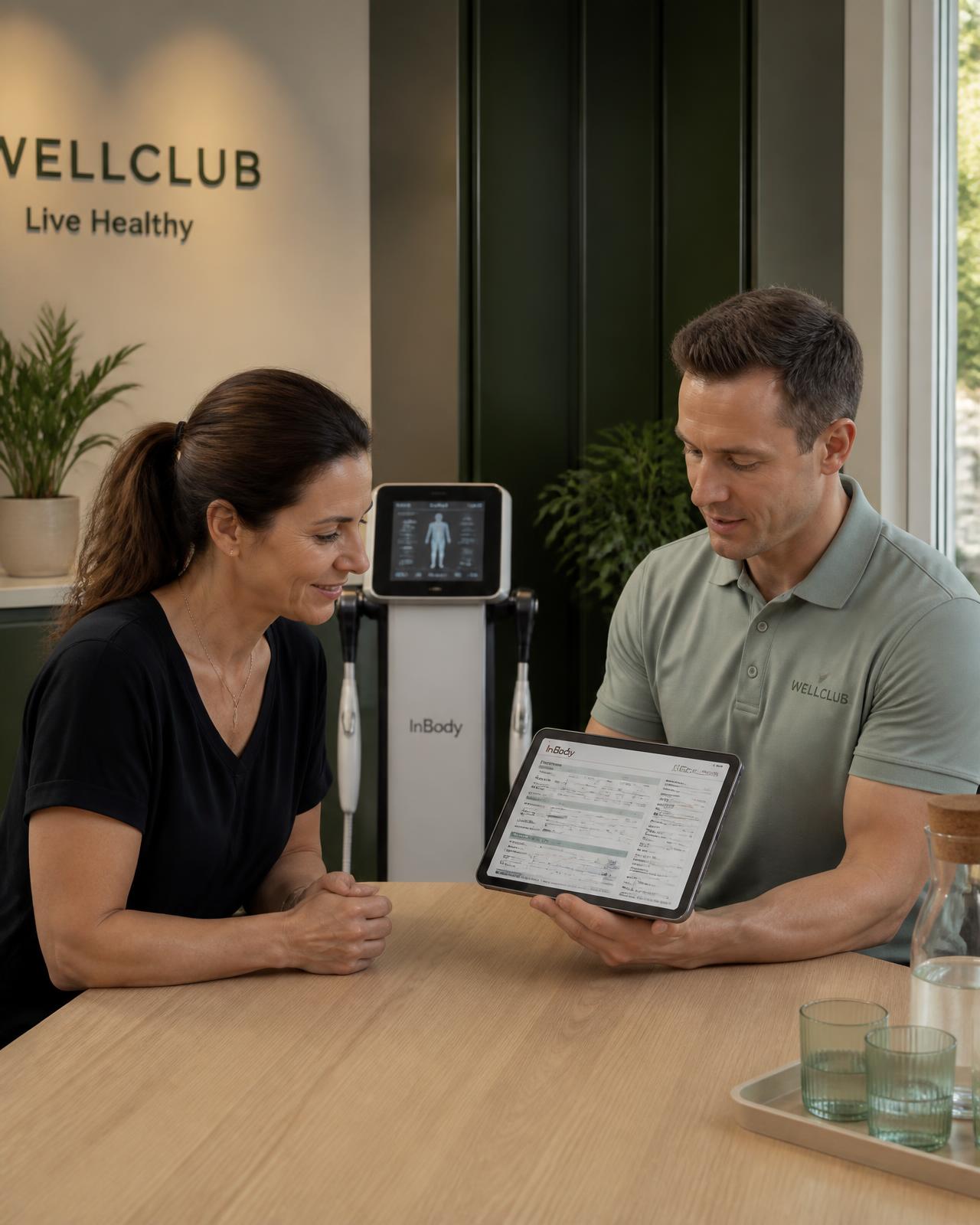 A qualified professional reviewing a body-composition analysis with a member in the assessment room