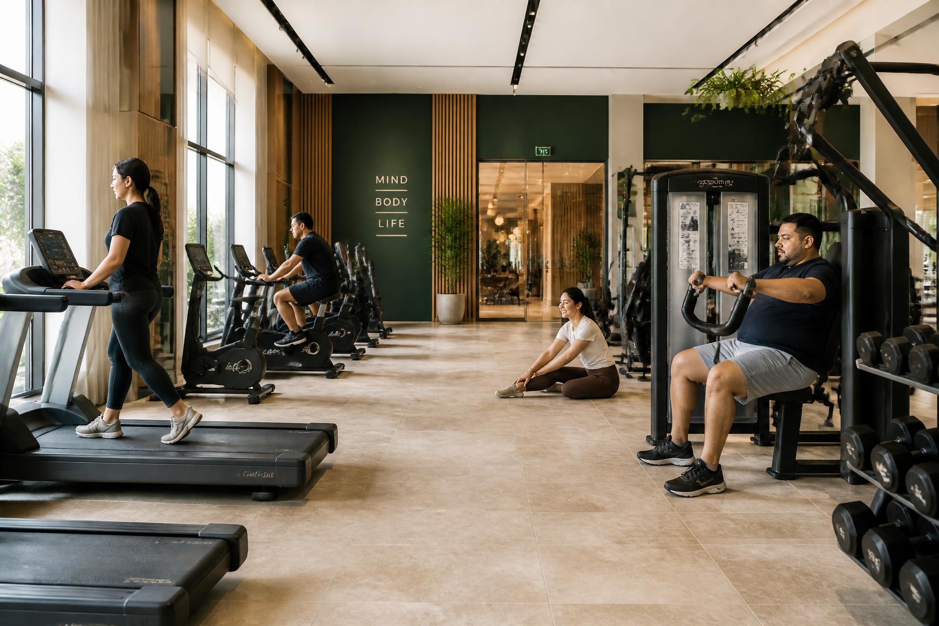 Members of different ages and body types training in the bright VANTERRA fitness club
