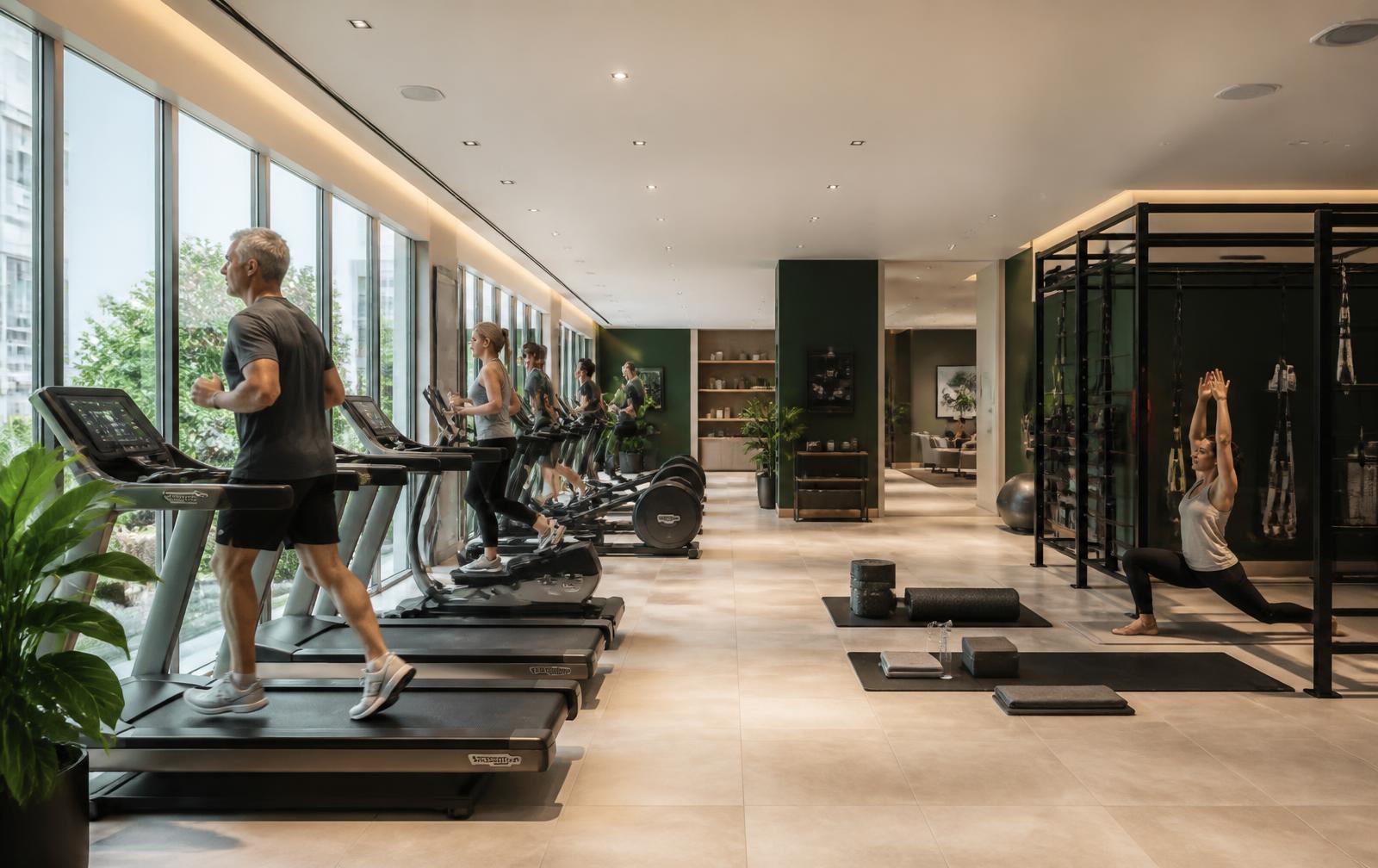 Cardio zone with treadmills and bikes beside the mobility and stretching area